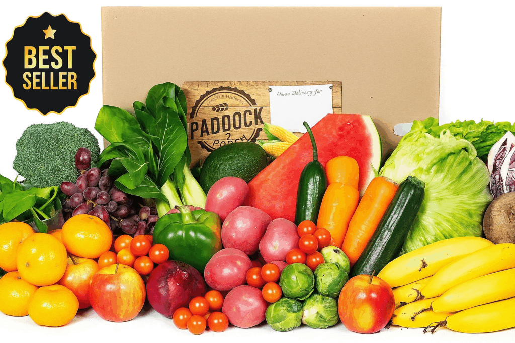 The Medium Fresh Fruit & Vegetable Box, labeled “Paddock” and marked as a “Best Seller,” offers a selection of fresh produce—ideal for convenient fruit and veggie box delivery to your door.