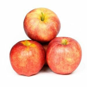 Three red apples are stacked on a white background, with two at the base and one on top.