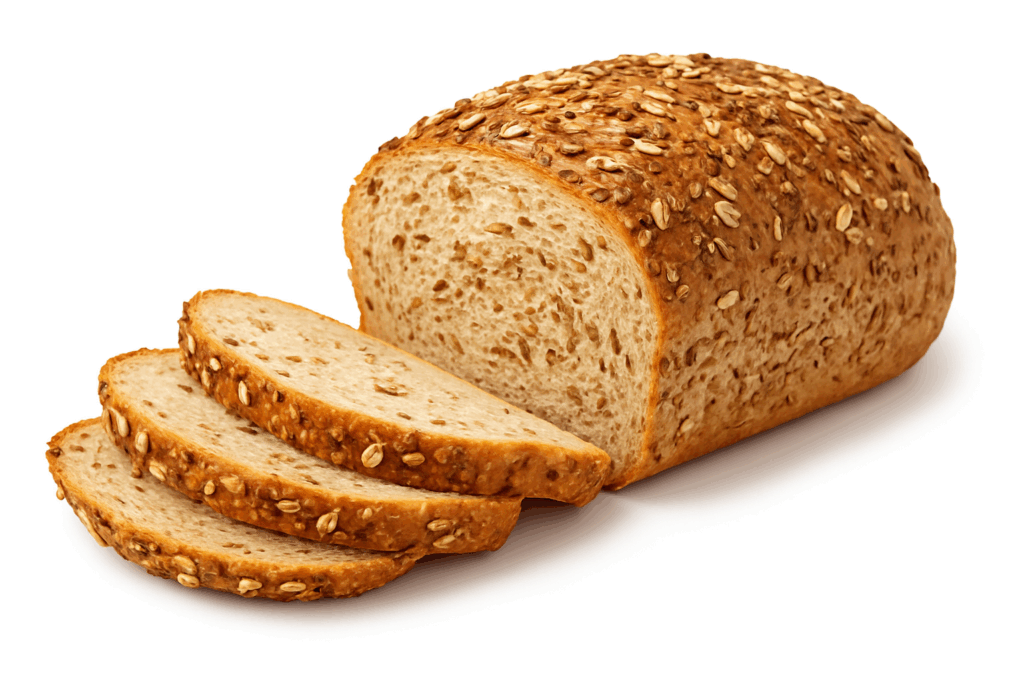 A Bakery Organic Sourdough loaf - Grain (Sliced) with three slices cut, showing seeds and grains on the crust, is placed on a white background.