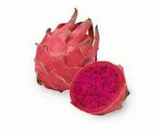 A whole and a halved Dragonfruit - (each) with vivid pink flesh and small black seeds are shown on a white background.