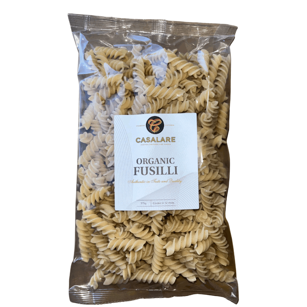 A clear plastic bag of Casalare Organic Fusilli Pasta - 375g, displaying spiral-shaped noodles and a white front label.