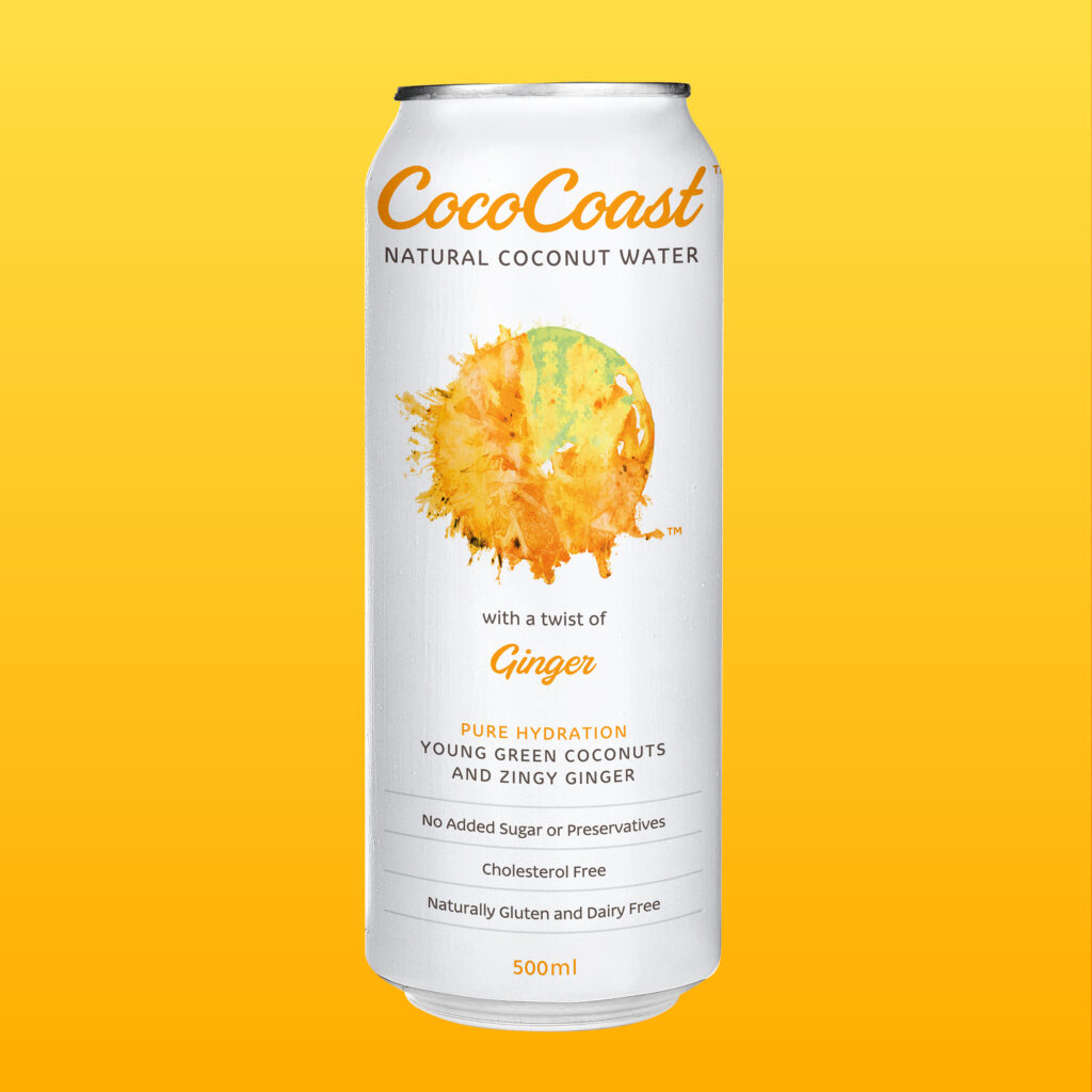 A 500ml can of Ginger Coconut Water by Coco Coast, featuring an orange and yellow coconut graphic on a yellow background.