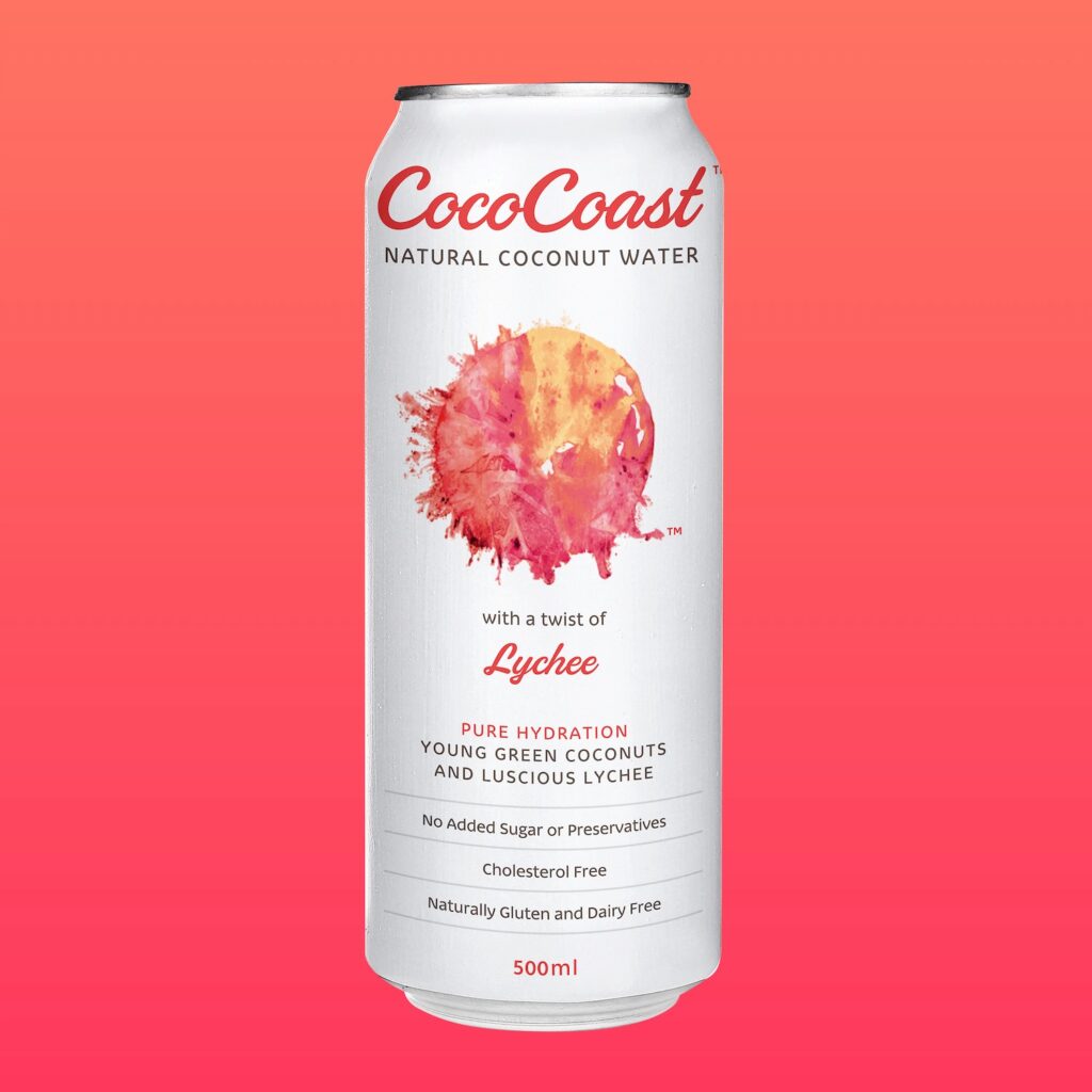 A 500ml can of Lychee Coconut Water by Coco Coast, showcasing a vibrant lychee graphic and product details on a pink gradient background.