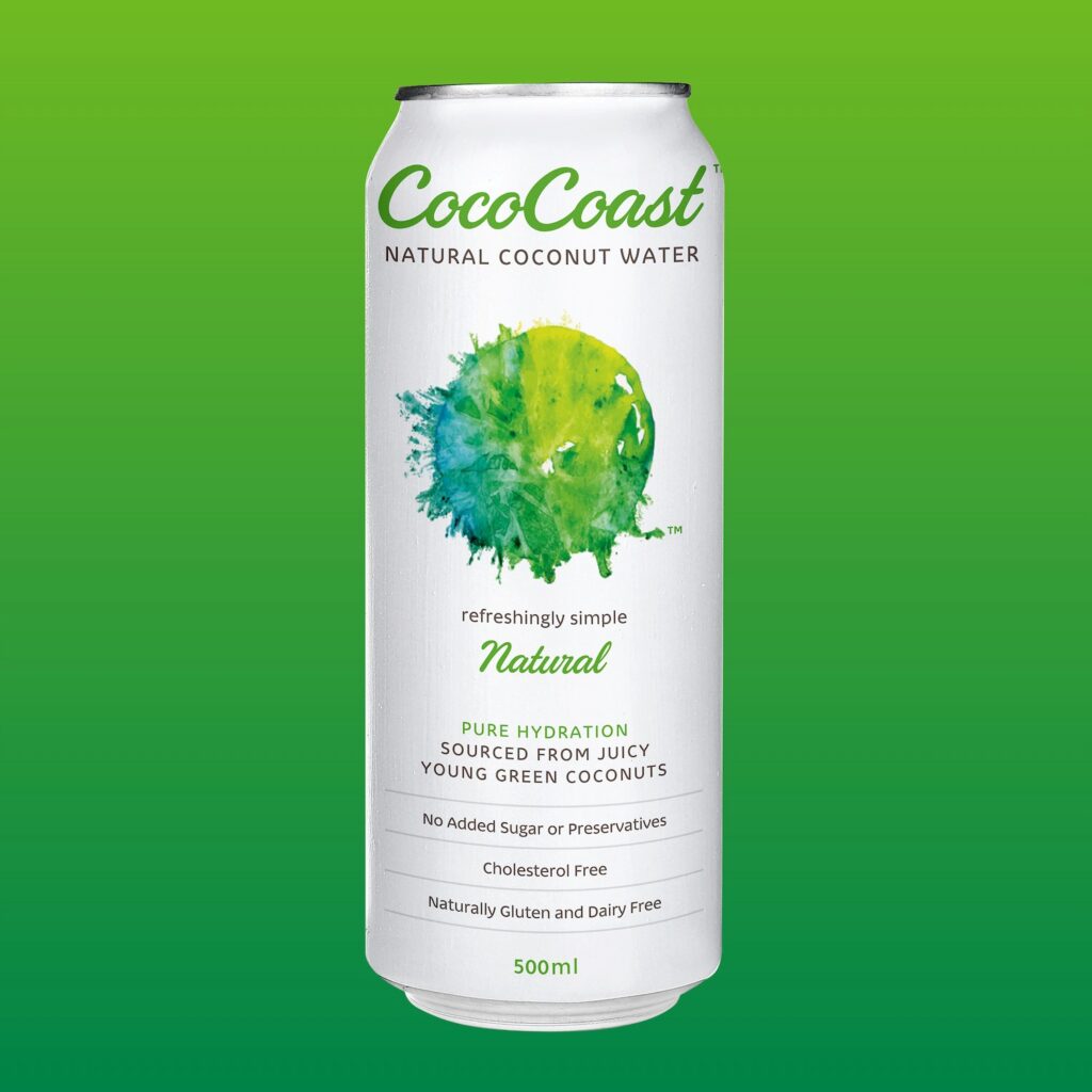 A 500ml can of Coco Coast Natural Coconut Water featuring green and blue design elements on a green gradient background.