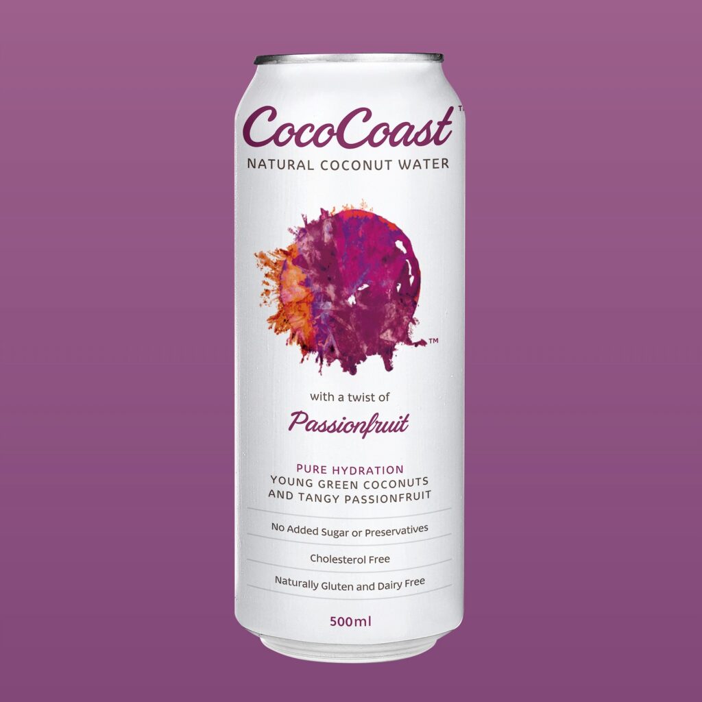 A 500ml can of Coco Coast Passionfruit Coconut Water with product details and a purple fruit illustration on a purple background.