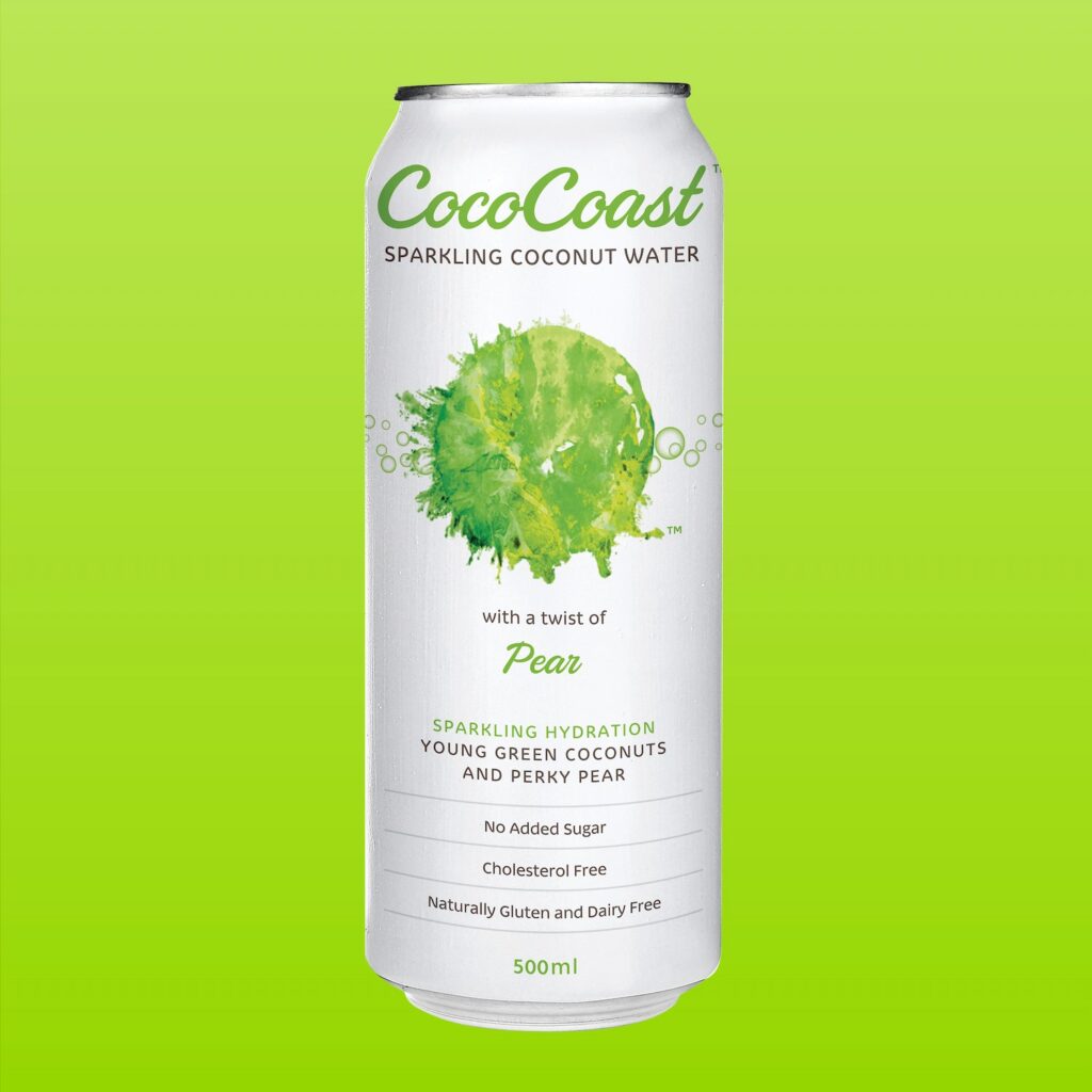 A 500ml can of Pear Coconut Sparkling Water by Coco Coast, with green text and a pear graphic, set against a green gradient background.