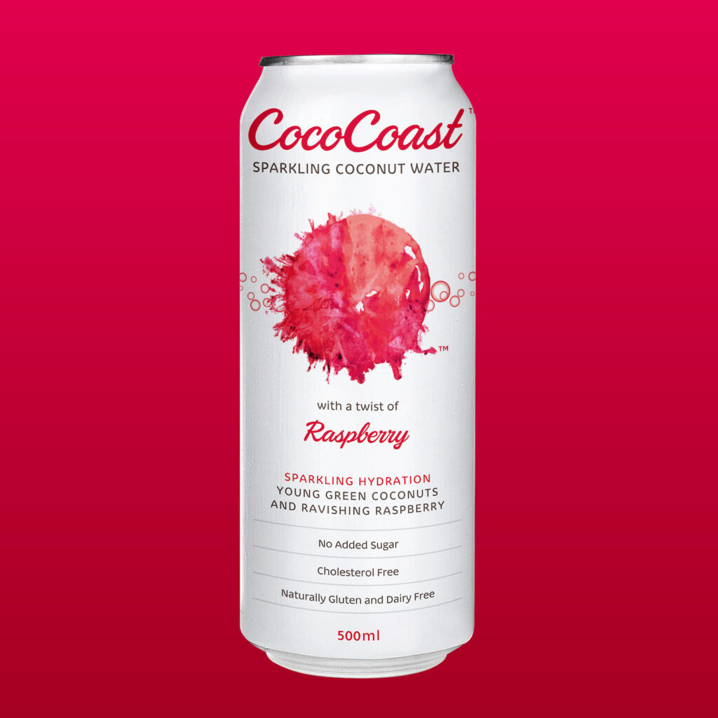 A 500ml can of Coco Coast Raspberry Coconut Sparkling Water, featuring product details and a raspberry graphic on a red gradient background.