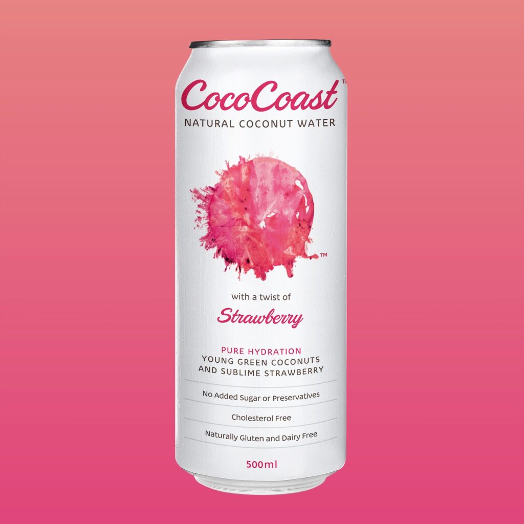 A 500ml can of Coco Coast Strawberry Coconut Water, featuring a pink splash graphic and product details on a pink gradient background.