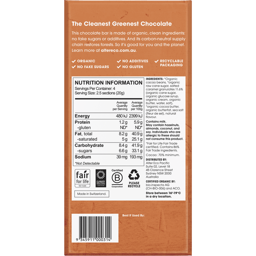 Back of Chocolate Organic Dark Burnt Caramel 80g bar wrapper with black text on an orange background, listing ingredients, nutrition info, certification logos, and sustainability claims.
