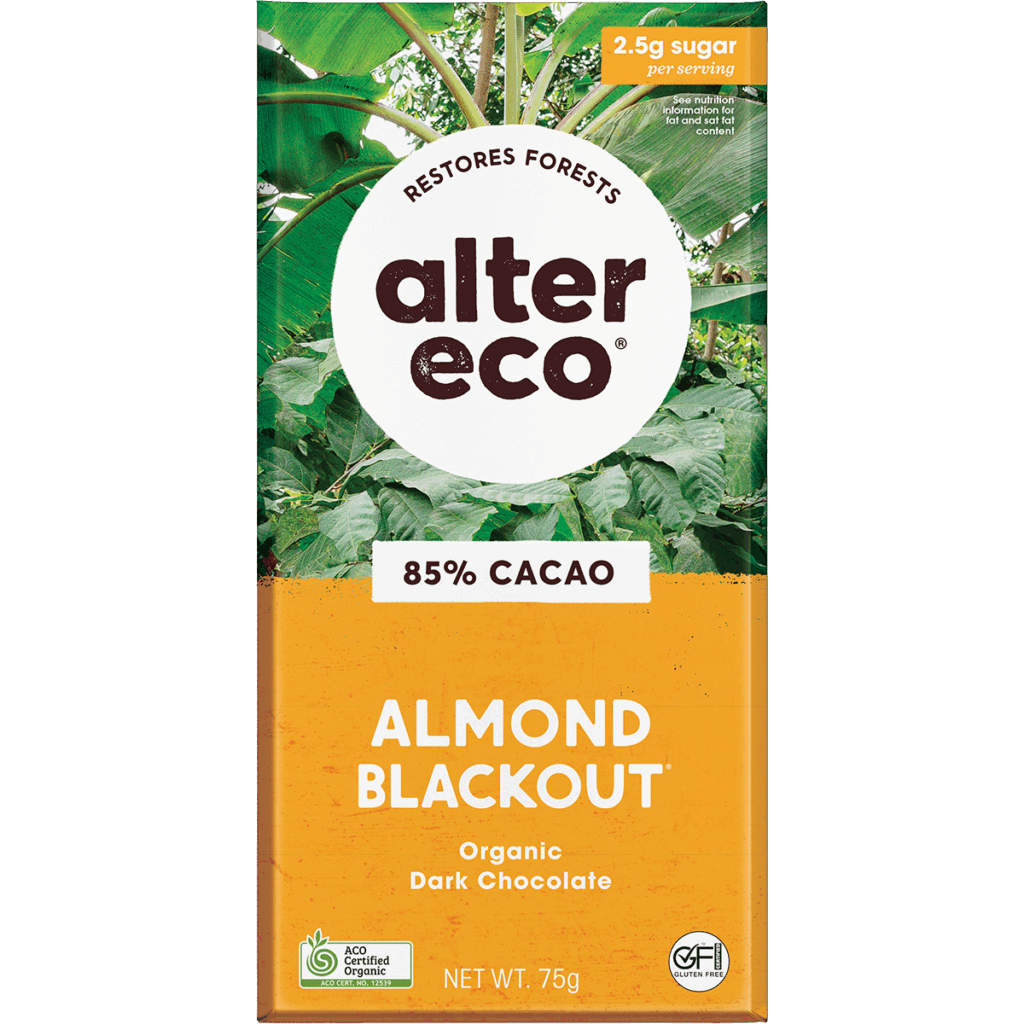 A bar of Chocolate Organic Dark Burnt Caramel, organic dark chocolate with burnt caramel notes, net weight 80g.