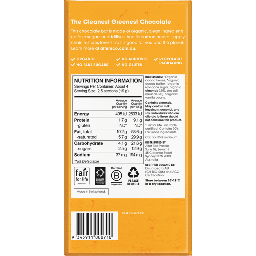 Back of Chocolate Organic Dark Burnt Caramel 80g bar showing nutrition facts, ingredients, certifications, and icons: organic, gluten-free, recyclable packaging, and no added sugar.