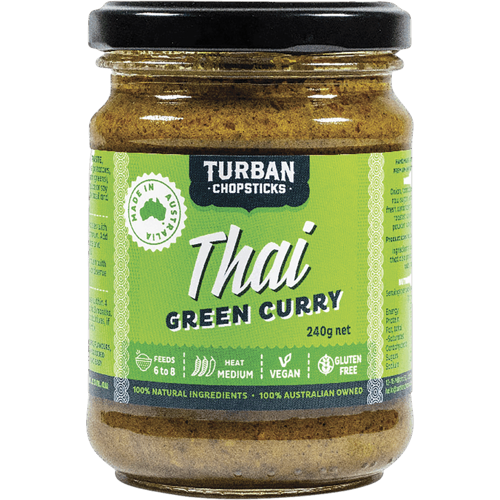 A 240g jar of Curry Paste Thai Green Curry—vegan, gluten free, medium heat, and made in Australia.