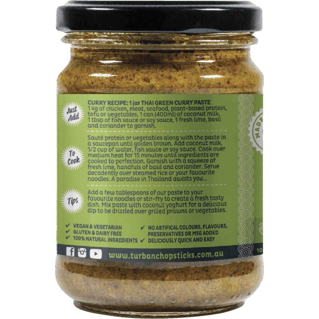 A 240g jar of Curry Paste Thai Green Curry with a label displaying cooking instructions, ingredient suggestions, product details, website, and dietary information.
