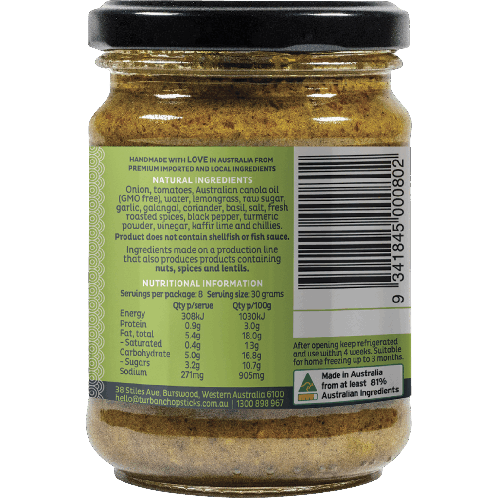 Back label of a 240g jar of Curry Paste Thai Green Curry, displaying ingredients, nutrition info, and product details for this Australian-made food item.