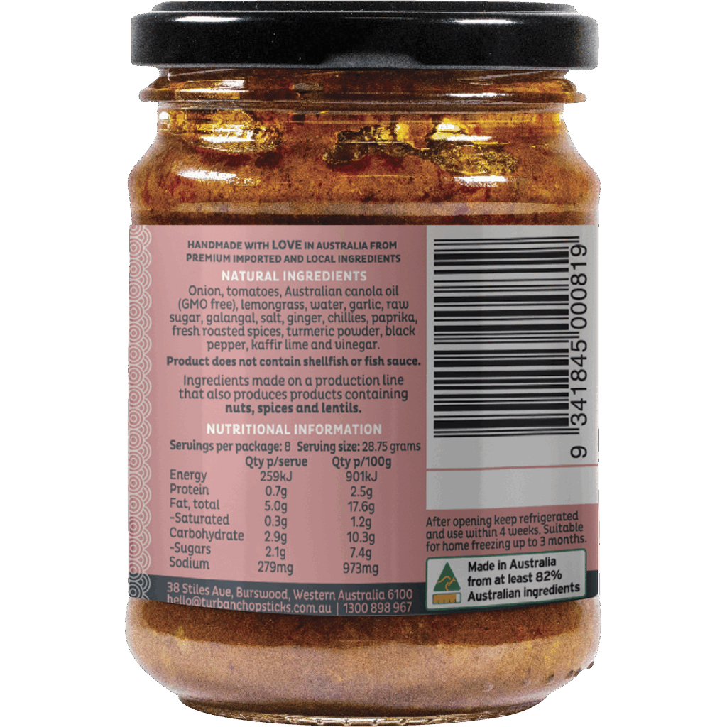 An 80g glass jar with a black lid contains Chocolate Organic Dark Burnt Caramel. The label lists ingredients, nutritional information, and states it’s made in Australia from imported and local ingredients.
