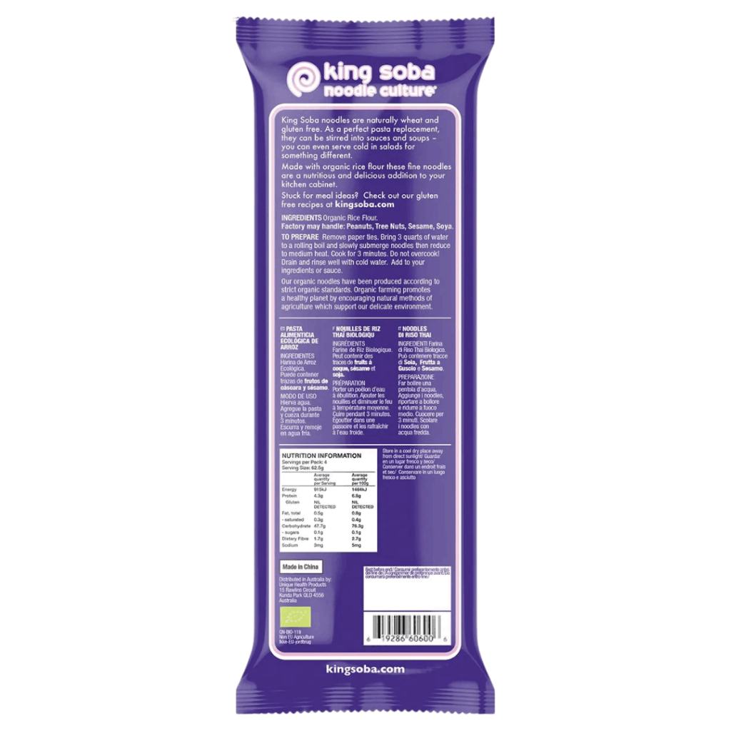 Back of an Organic Thai Rice Noodles - 250g pack, displaying product details, ingredients, cooking instructions, nutrition facts, and a barcode on a purple background.