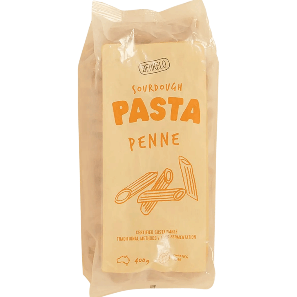 A 400g package of Sourdough Pasta Wholewheat Penne featuring illustrated penne pieces on a brown label.