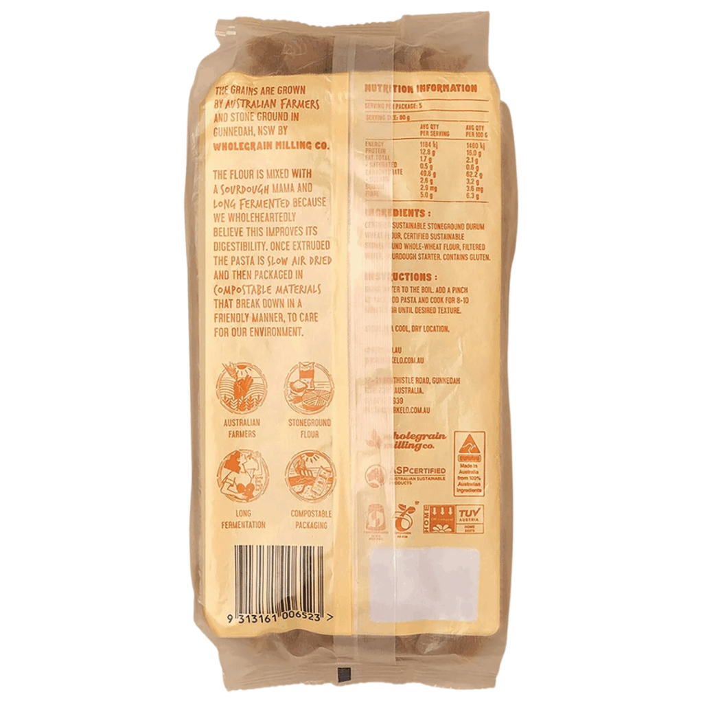 A 400g pack of Sourdough Pasta Wholewheat Penne with details on its Australian origin, eco-friendly packaging, nutrition facts, and certifications printed on the back.