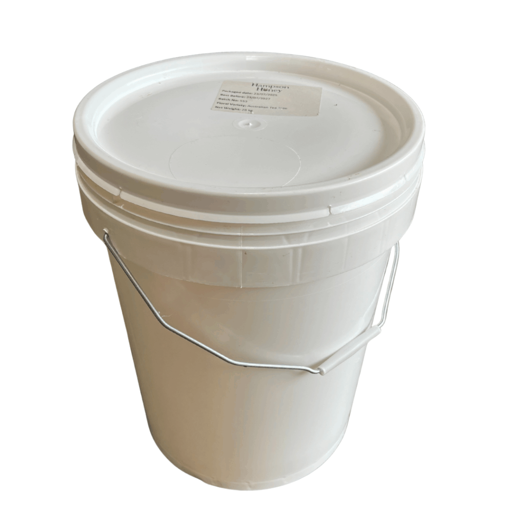 The Empty Honey Bucket - 20L is a large white plastic container with a lid and metal handle, shown isolated on a plain white background.
