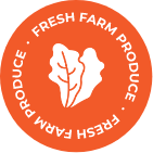 An orange circular logo with white text reading "Fresh Farm Produce" and a simple white illustration of two lettuce leaves in the center.