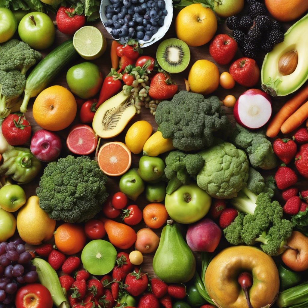A variety of fresh fruits and vegetables, including broccoli, apples, carrots, citrus fruits, berries, avocado, and kiwi, arranged closely together on a flat surface.