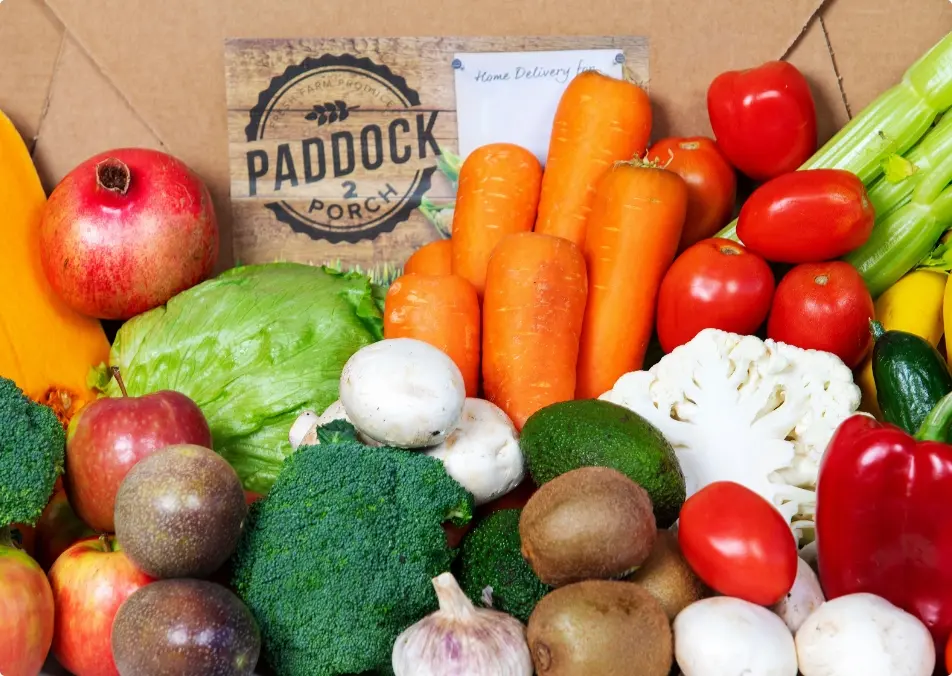A box filled with assorted fresh fruits and vegetables, including carrots, lettuce, tomatoes, celery, broccoli, cauliflower, mushrooms, apples, avocado, and a Paddock 2 Porch card.