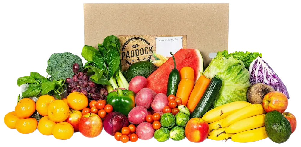 A box filled with a variety of fresh fruits and vegetables, including bananas, tomatoes, watermelon, mandarins, broccoli, grapes, and leafy greens, arranged in front.