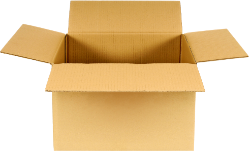 A plain, open cardboard box with its flaps spread outward, set against a light background.